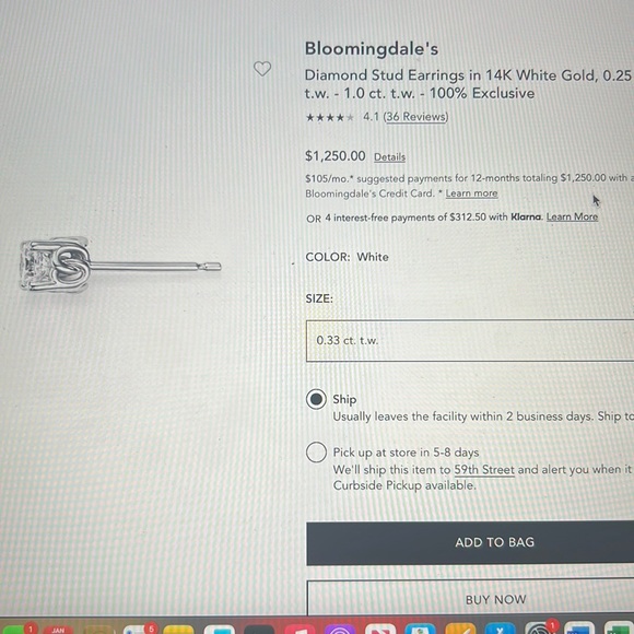 NWT Bloomingdale’s Natural Diamond Stud Earrings (.33 ctw) - sells for $1,250 - Picture 2 of 11